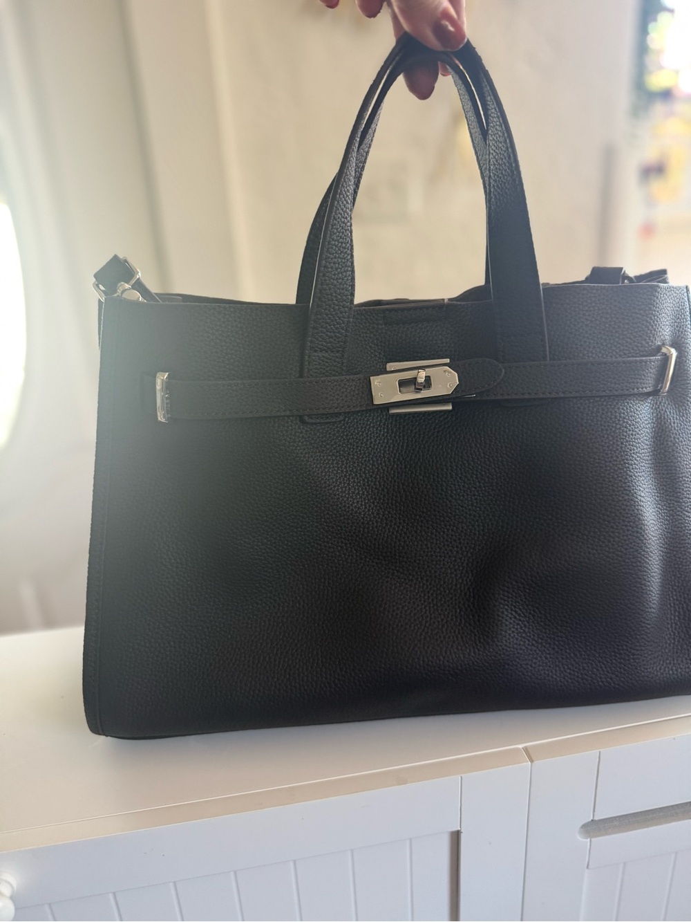Classic Dark Brown Leather Tote Bag with Silver Hardware